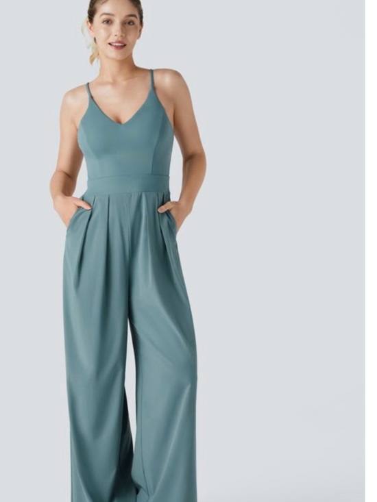 HALARA Pants - NWOT HALARA Breezeful Teal Wide-Leg V-Neck Jumpsuit